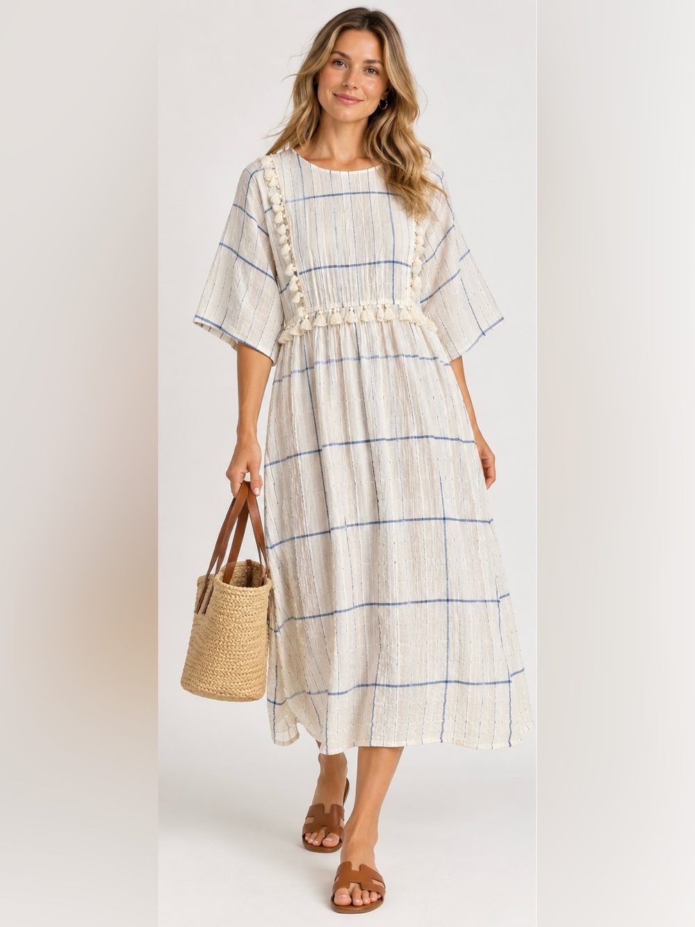 Tory Burch Blue White Check Cotton Midi Caftan Style Tassel Dress | L